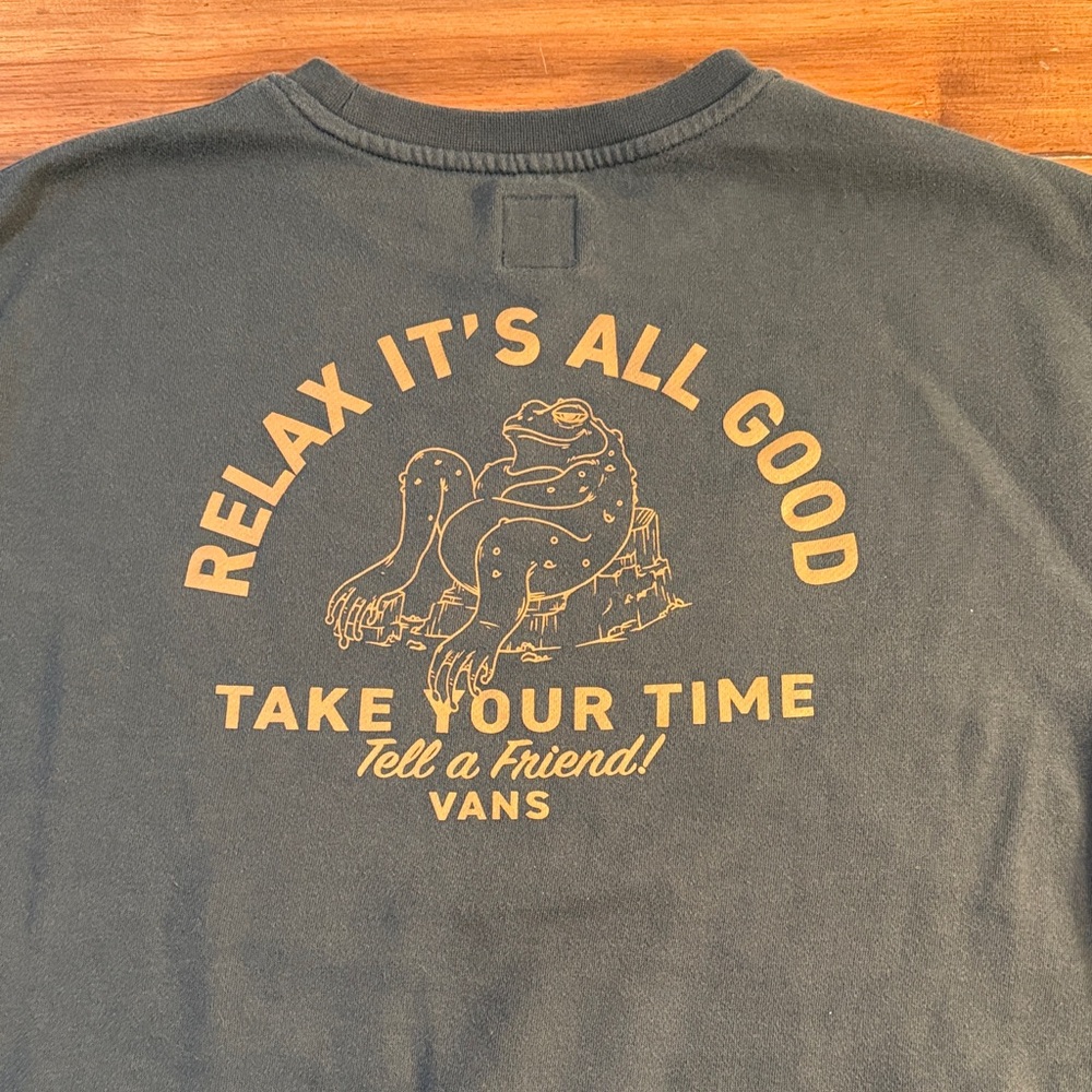 Vans Deep Green Crewneck Sz. Large Relax It’s All Good W/Toad Graphic